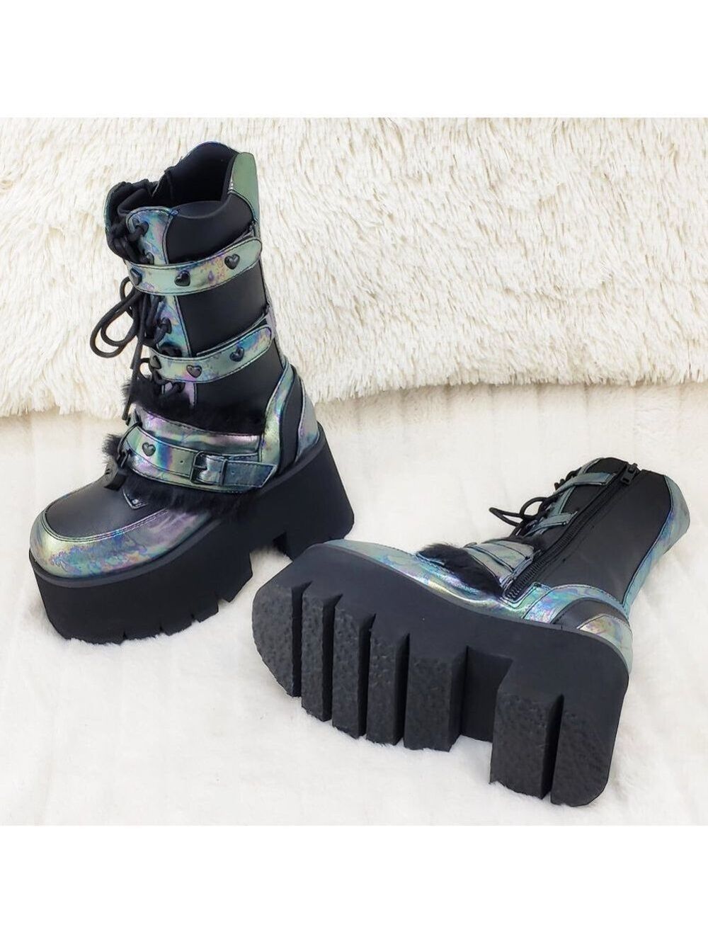 Ash Goth Punk Furry Mid Calf Platform Boots - Picture 4 of 15